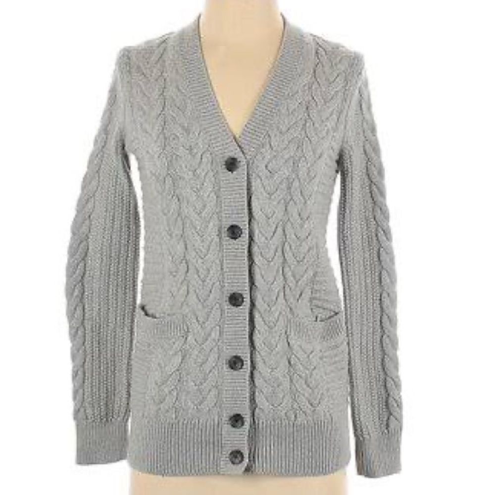 Gap gray button up sweater long cardigan pockets wool cable knit fisherman MP